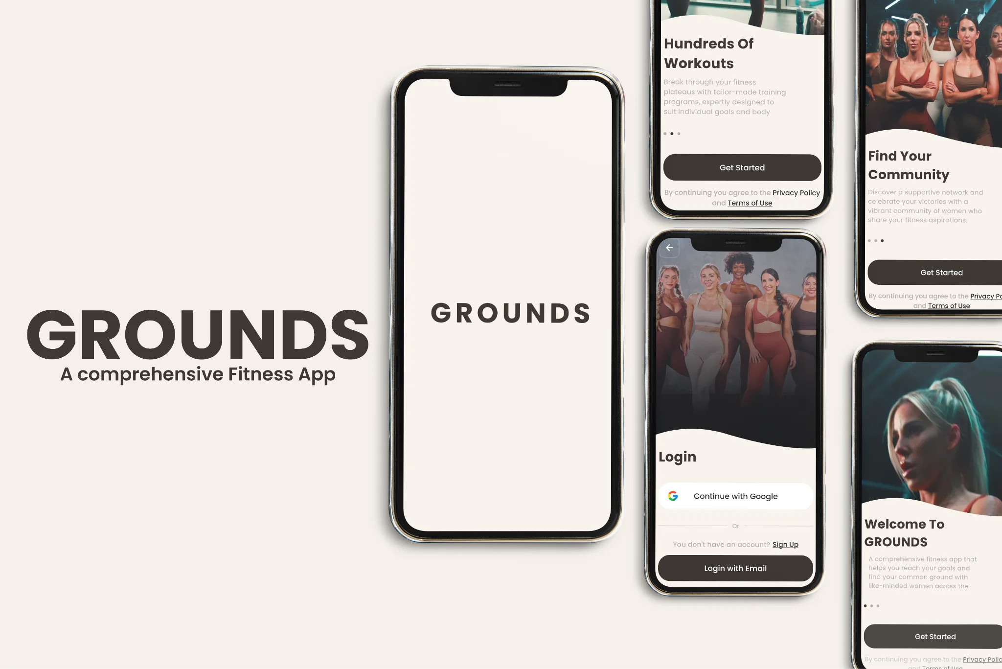 Grounds fitness onboarding, community, and workout screens