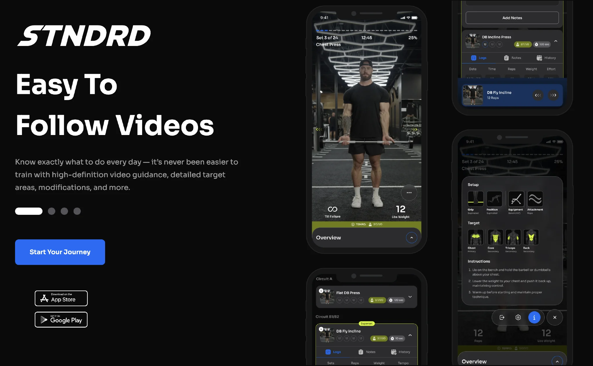 STNDRD workout guidance and exercise tracking screens